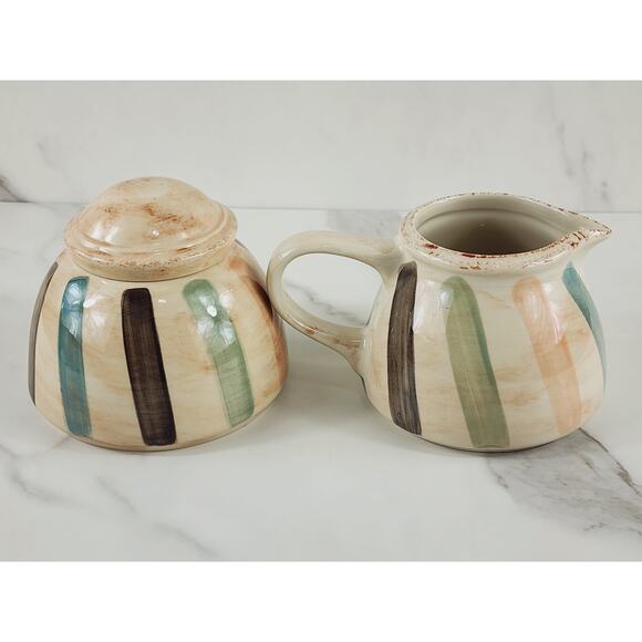 Oneida Teramo Stripes Creamer & Sugar Bowl w/ Lid Stoneware Glazed 1999 Vintage - Picture 5 of 14